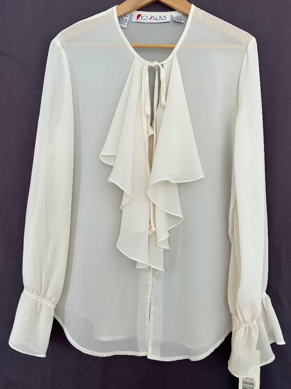 ⁠NWT Vintage Chaus Ivory Sheer Georgette Ruffle Tie-Neck Blouse Size 6